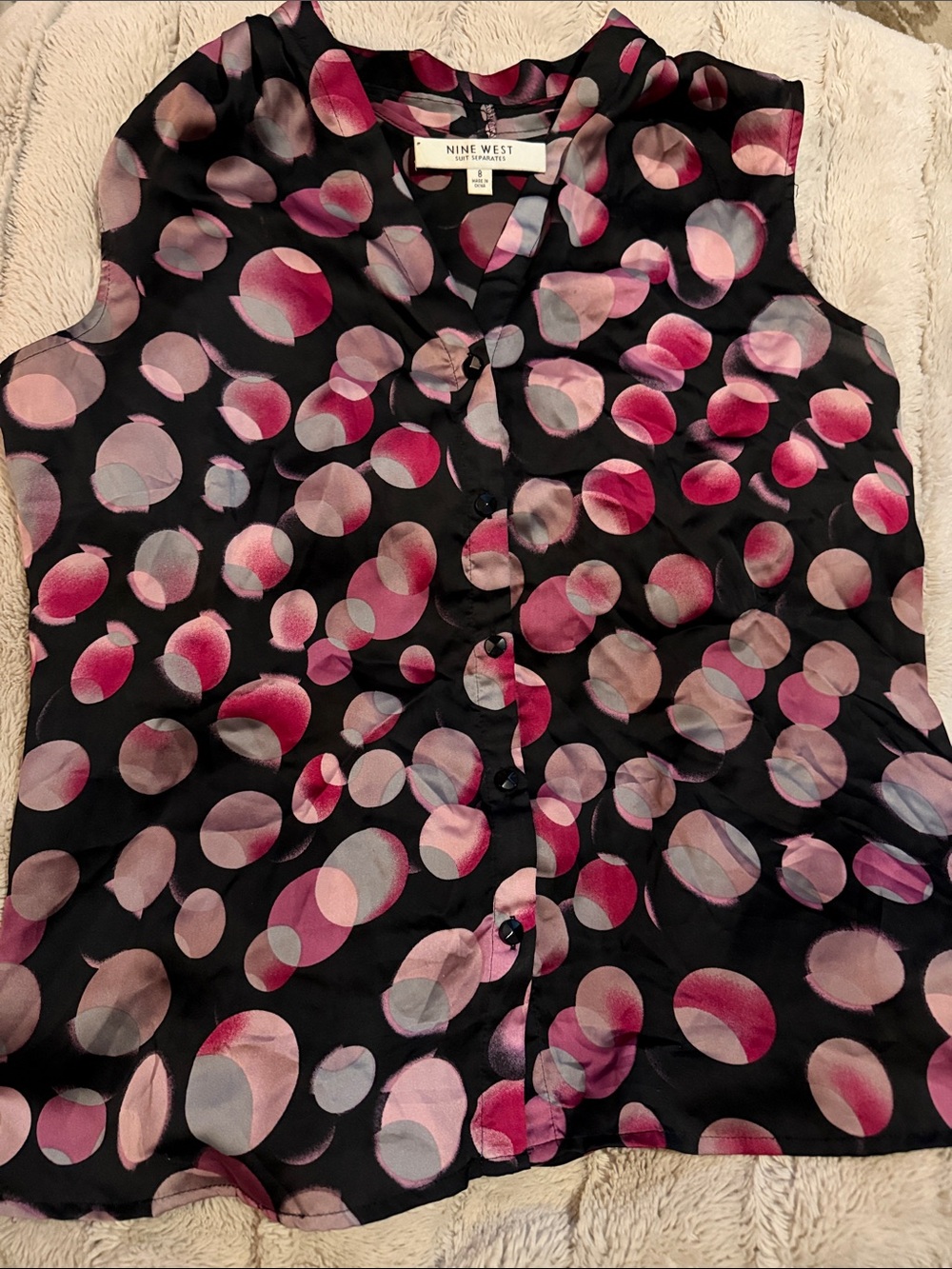 Nine West Black Sleeveless Blouse with Pink Polka Dot Pattern